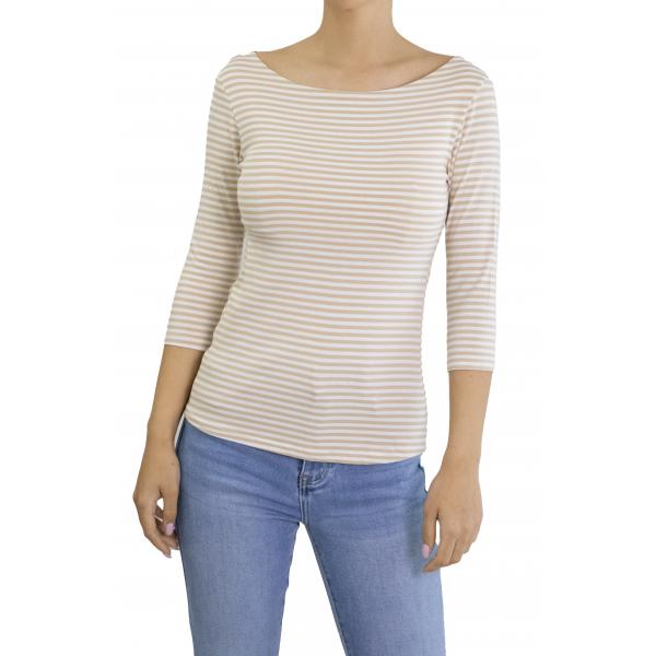 maglia a righe con manica 3/4 scollo a barca 